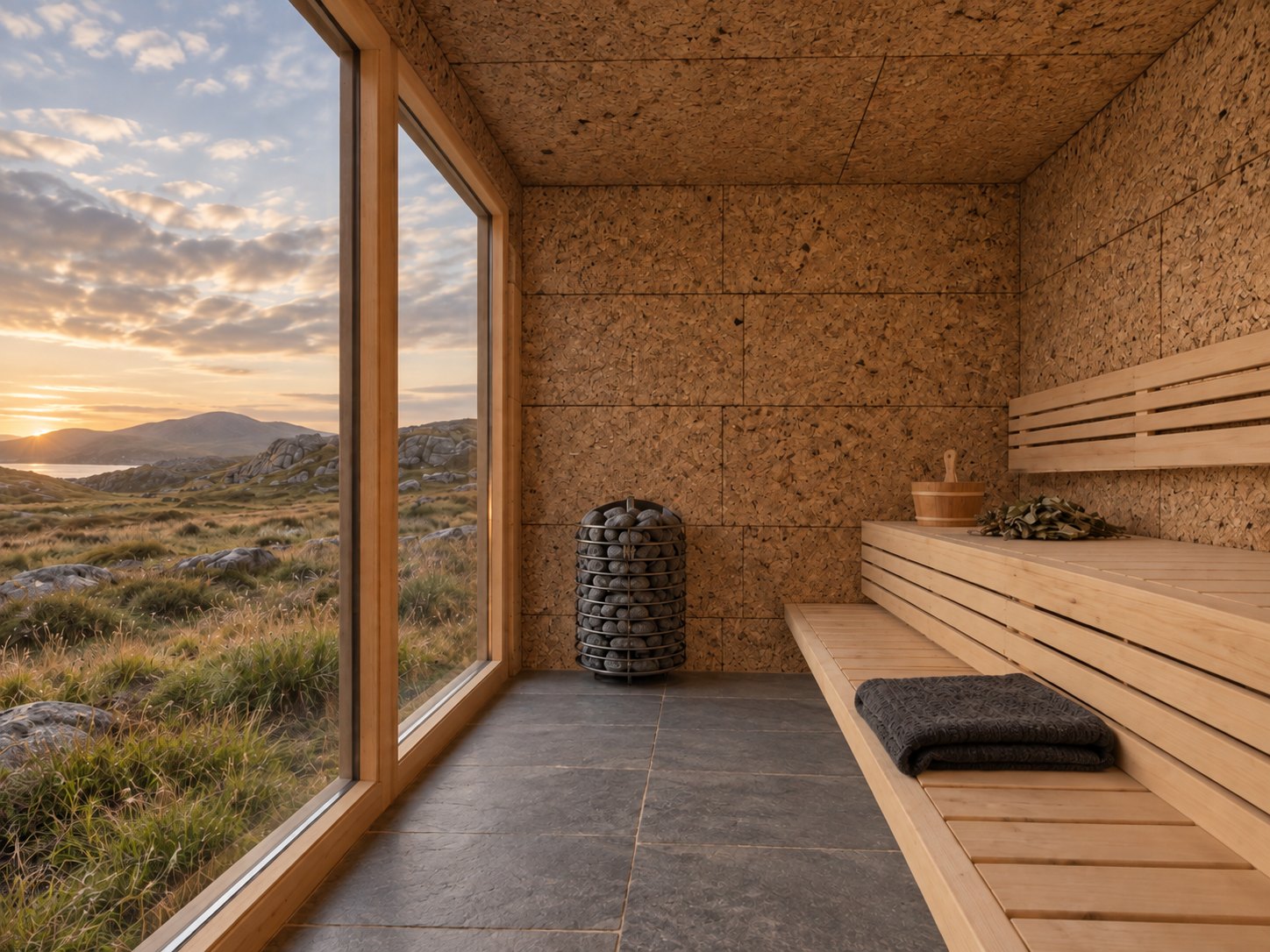 Visualisation of the planned cork sauna looking across the machair